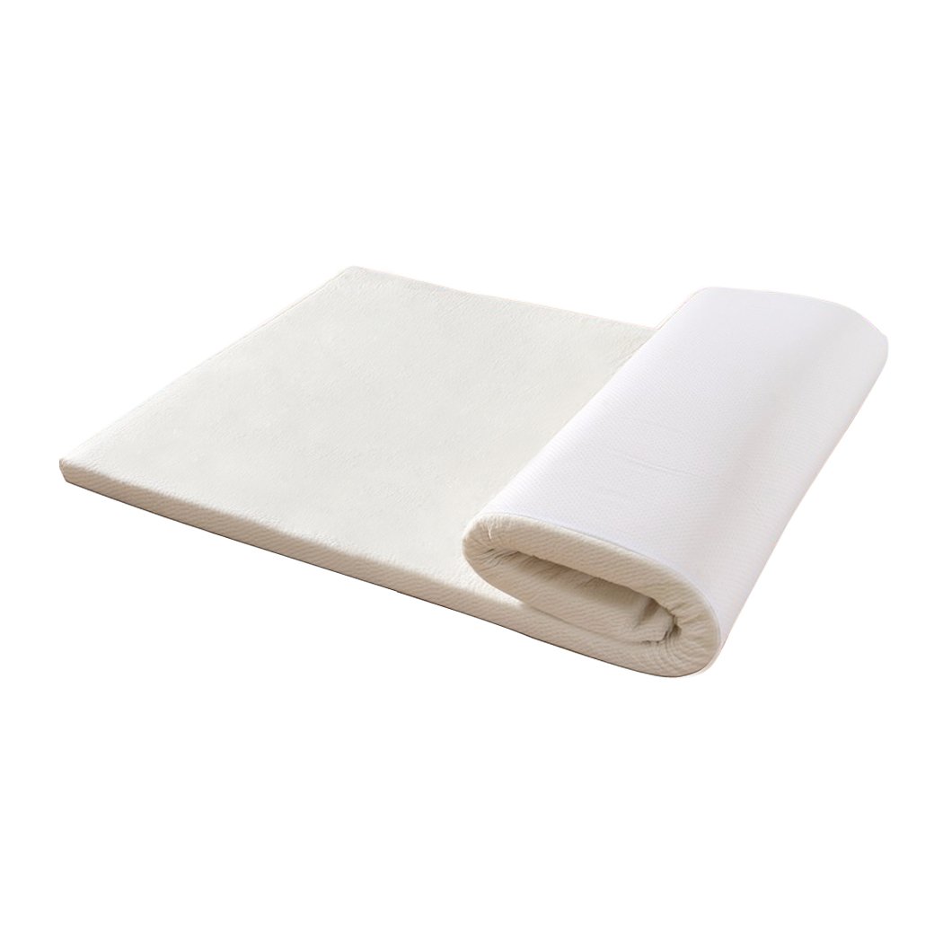 DreamZ 7cm Memory Foam Bed Mattress Topper with polyester underlay cover, showcasing its plush design and removable jacquard cover.